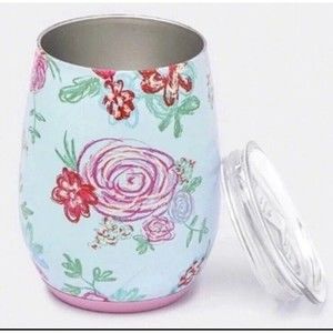 NEW Matilda Jane Be Merry Wine Tumbler Blue w/Pink Floral with Lid